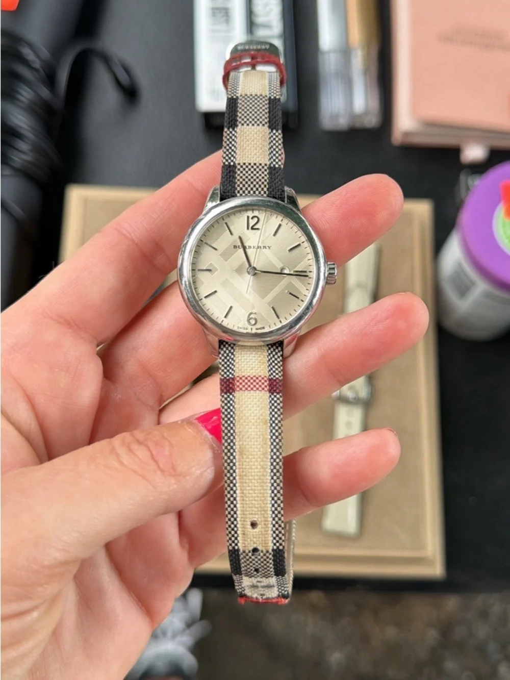 Burberry Beige Plaid Strap Women's Silver-Tone Dial Watch - Picture 1 of 7